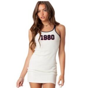 White tank mini ribbed bodycon Dress with 1980 Print size S